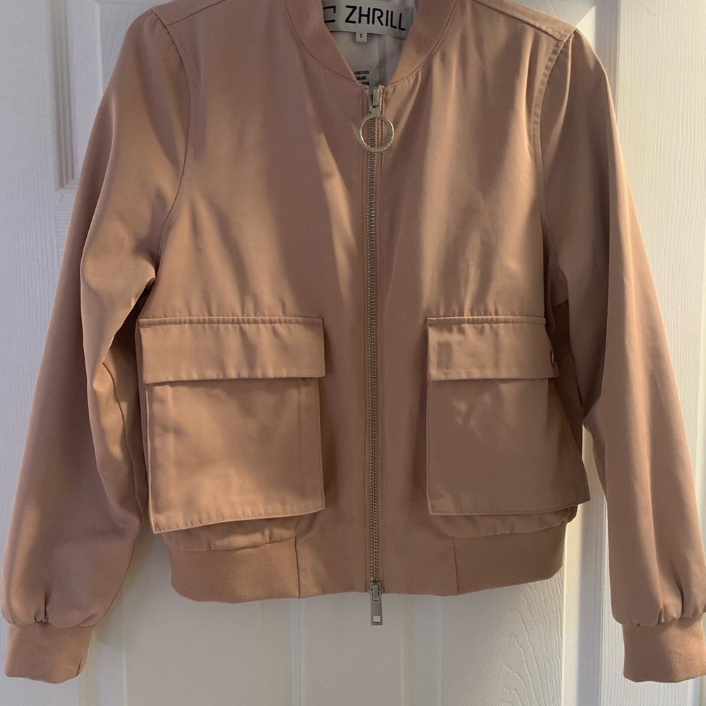 Dusty Pink Bomber Jacket with Ribbed Cuffs and Zipper - Excellent Condition